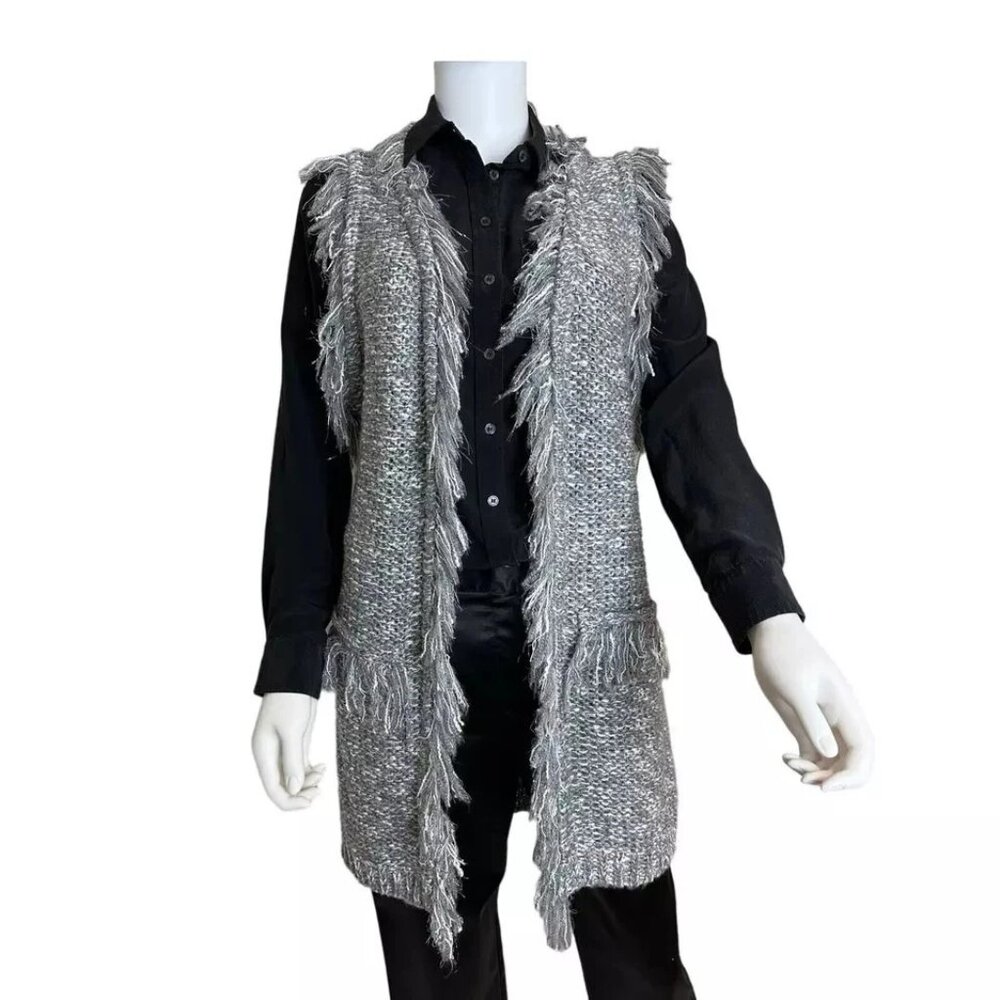 Women's Cable Knit Fringe Maxi Sweater Vest Gray White Silver S/M L/XL